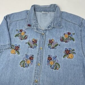 Bobbie Brooks Denim Short Sleeve Floral Embroidered Shirt XL Vintage 90s Y2K